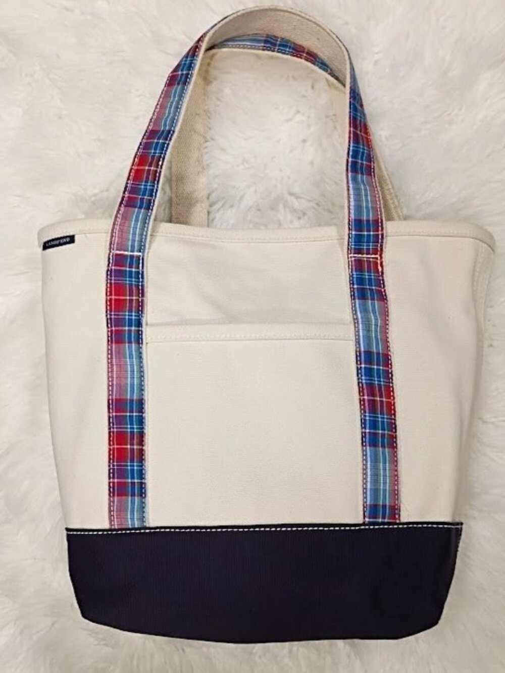 Lands End Tote Canvas Plaid Straps Cream Navy Large - Picture 3 of 10